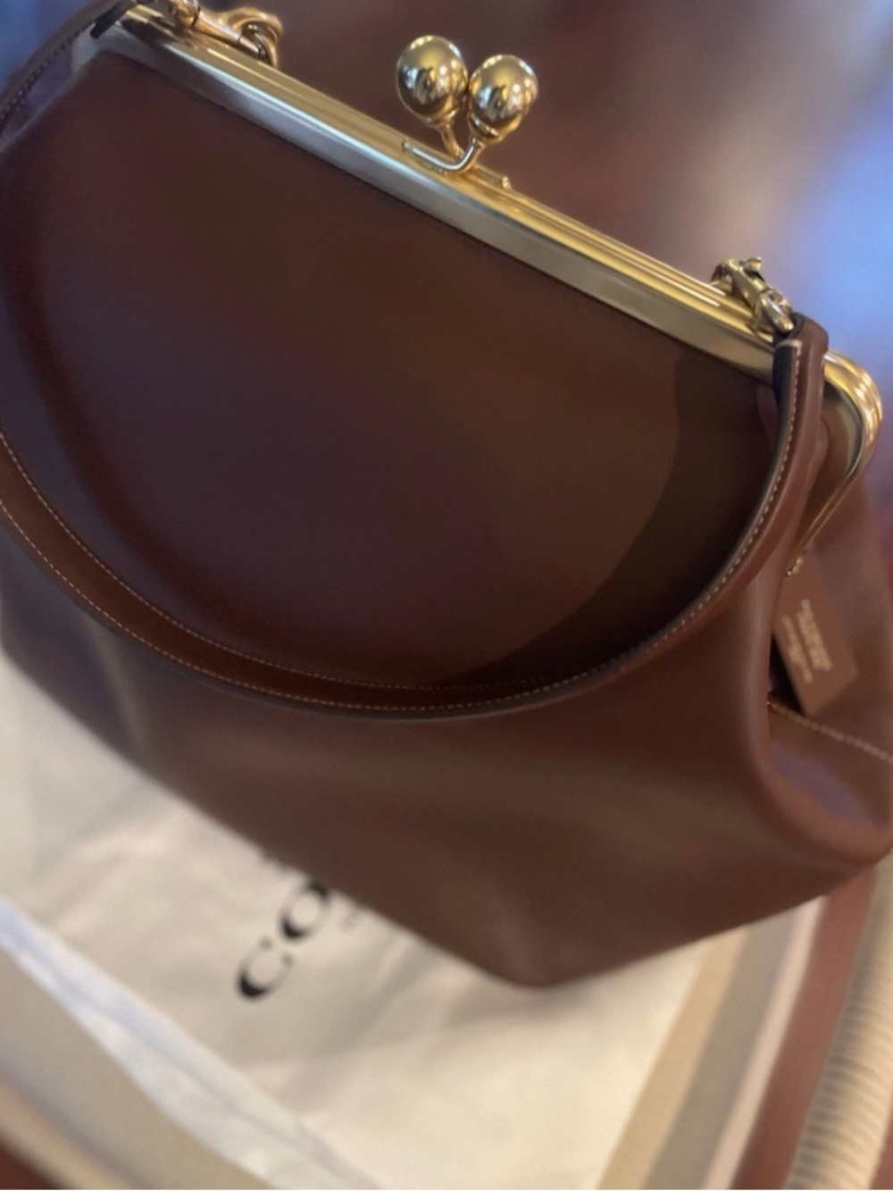 Coach Large Kisslock Frame Leather Shoulder Bag  Clutch In Dark Brown CBR51